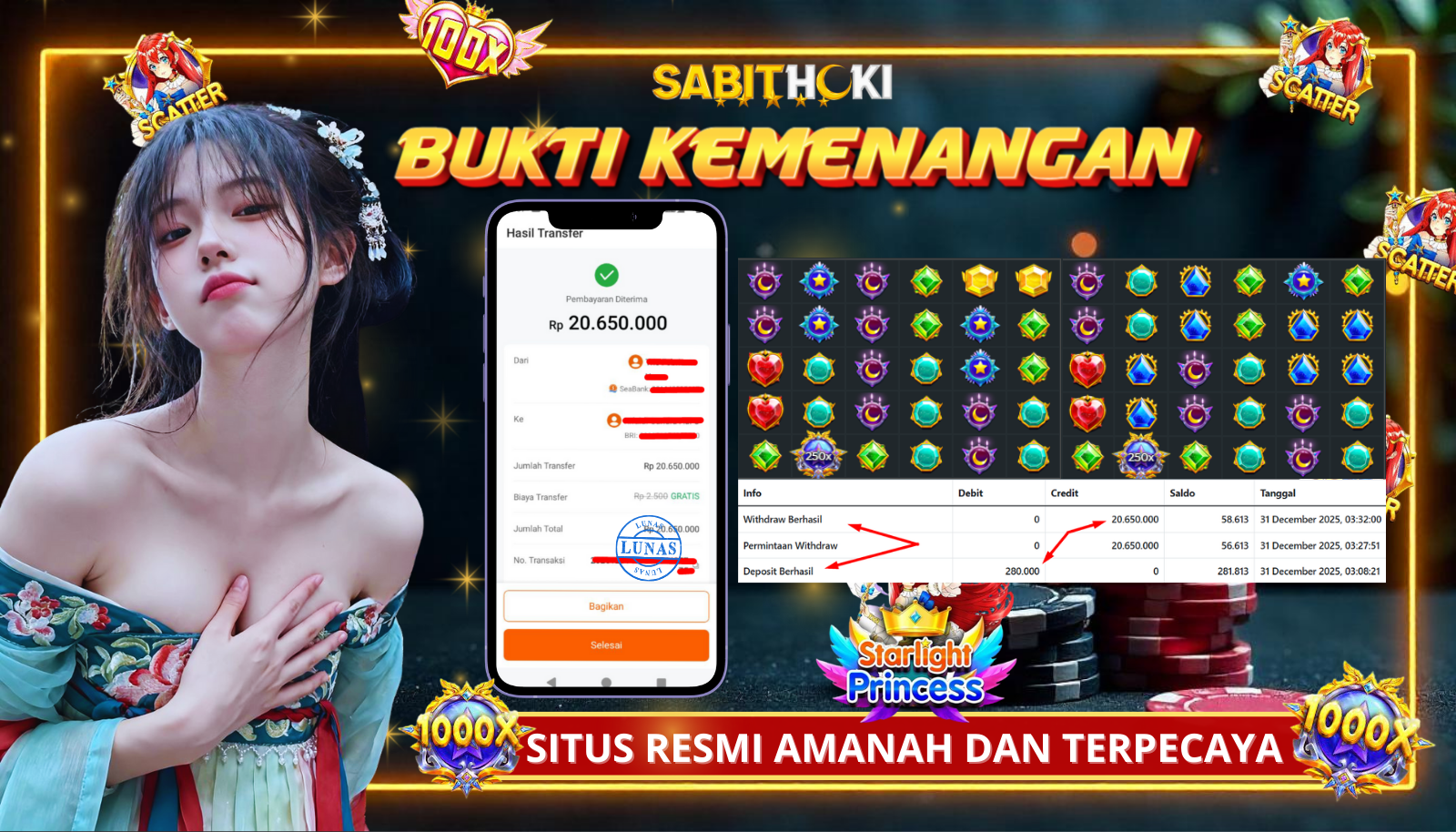 SELAMAT KEPADA MEMBER SETIA SABITHOKI YANG BERHASIL JACKPOT DI PERMAINAN STARLIGHT PRINCES